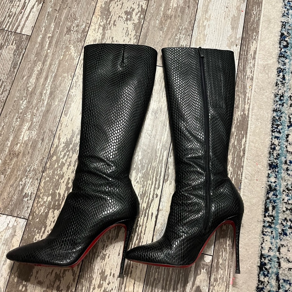 Christian Louboutin Black Textured Knee-High Stiletto Boots with Red Soles